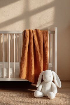 Minimalist Nursery Interior with Wooden Crib and Orange Blanket