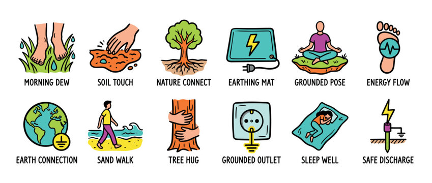 Colorful set of earthing and grounding icons in a hand-drawn doodle style showing wellness practices like walking barefoot, tree hugging, and using conductive mats for health