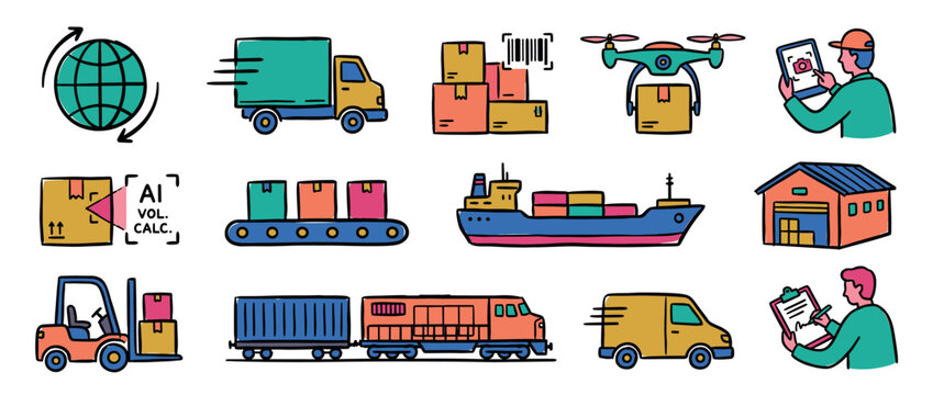 Colorful set of logistics and shipping icons showing transportation methods like trucks, ships, trains, and drones for a global supply chain, presented in a hand-drawn doodle style