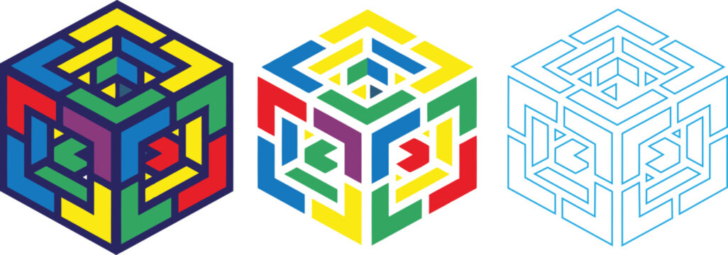 Set of three isometric geometric cube icons with colorful patterns and outline style