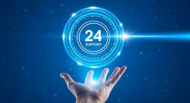 Hand holding glowing 24/7 support hologram in futuristic blue digital space