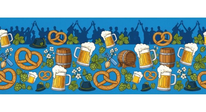 Beer Festival Pattern with Pretzels and Barrels