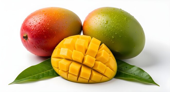 Fresh mango, green apple, and ripe peach with leaf on white background