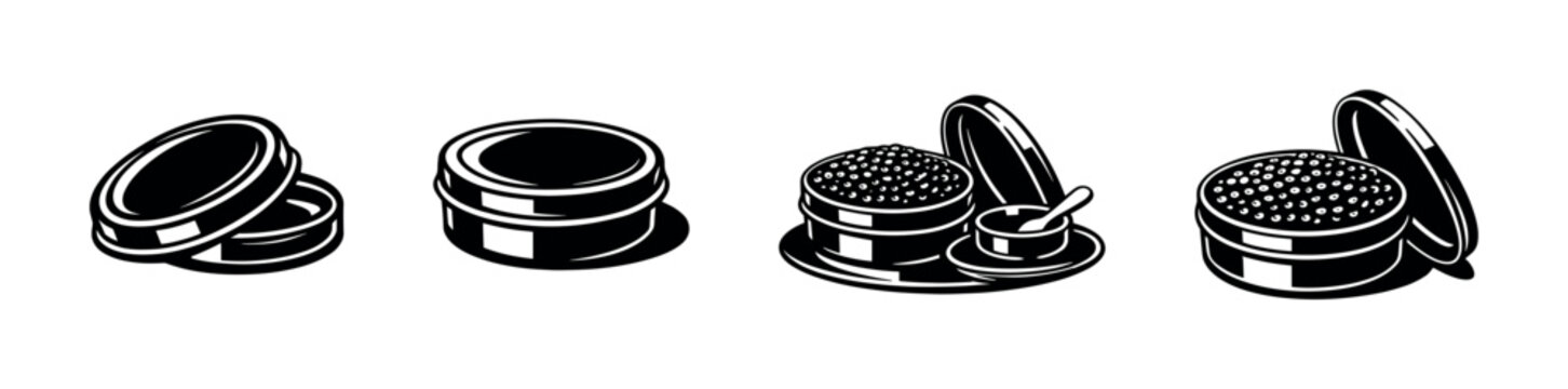 Black and white vector illustrations of caviar tins with lids and serving spoon set