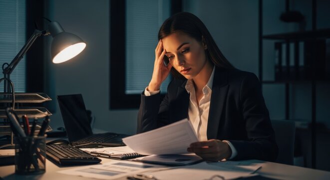 Stressed Businesswoman Working Late Overtime at Desk with Papers and Lamp.