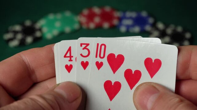 Player reveals hand of playing cards showing ten, three, four, and ace of hearts with poker chips in various colors blurred in the background