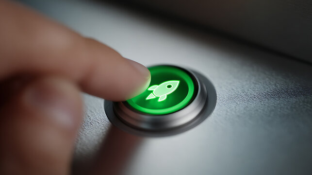 Finger press a vibrant green button featuring a rocket icon, symbolizing a quick start, innovation, and technological advancement, ideal for concepts of progress and launch