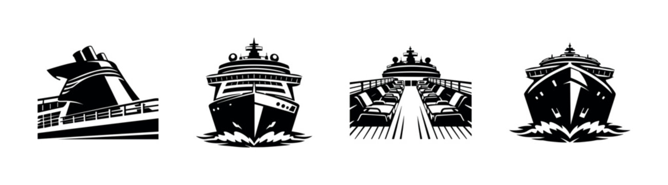 Cruise ship silhouette set featuring front and side views in black and white vector design