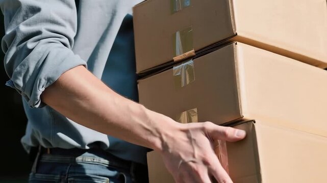 Hands holding stacked cardboard boxes for moving or delivery, logistics supplies, relocation season