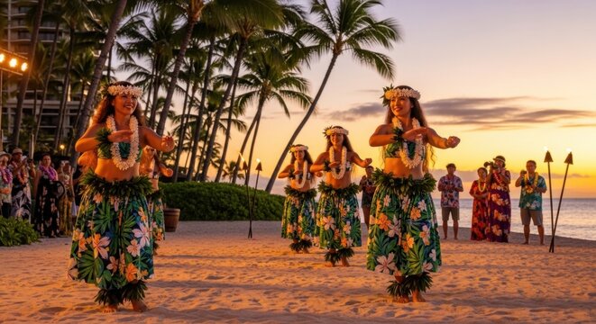 Hula Dancers Performing on Tropical Beach at Sunset