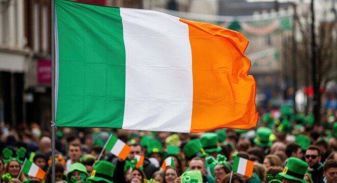 Ireland Flag Waving Over St Patrick's Day Parade
