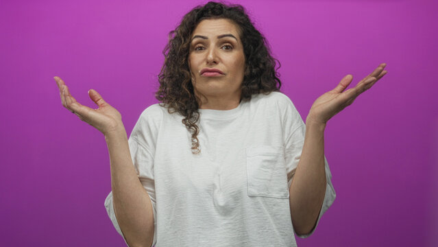 Hispanic woman shrugging with palms up gesture while wearing white shirt in pink studio; uncertainty.