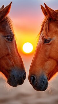 Two horse heads stand closely, facing each other in an open field. The bright sun is centered between them, casting a warm glow