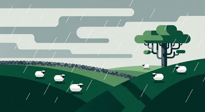 Rainy English countryside farm with sheep stone wall and oak tree, flat vector landscape illustration 