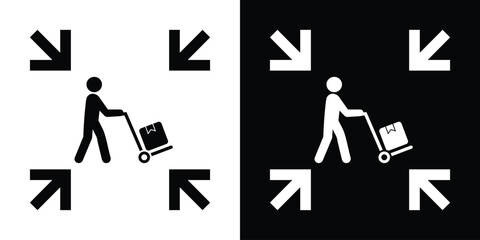 Icon showing a person pushing a cart with boxes, framed by inward-pointing arrows. Represents logistics, delivery, warehouse, shipping, or supply chain services. Clean, high-contrast vector icon. © bibin