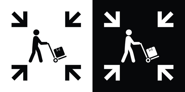 Icon showing a person pushing a cart with boxes, framed by inward-pointing arrows. Represents logistics, delivery, warehouse, shipping, or supply chain services. Clean, high-contrast vector icon.