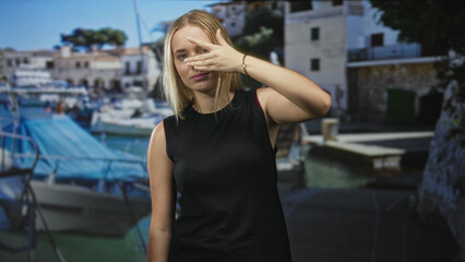 Fototapeta premium Woman covers face with hand in studio with marina backdrop wearing black sleeveless top; shyness solitude concealment.