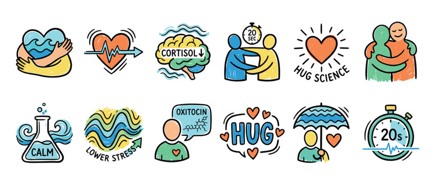 Colorful doodle icon set illustrating the science of hugging and its health benefits, showing lower stress, reduced cortisol, and increased oxytocin for mental wellness