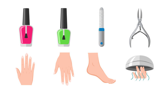A set of nail care tools and hands for manicure and pedicure