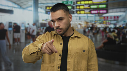 Naklejka premium Man with trimmed beard pointing finger directly at camera in crowded airport terminal with glass windows; confidence.