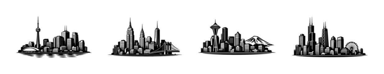 Obraz premium Illustrated city skylines, urban cityscape, architectural elements, black and white silhouette vector