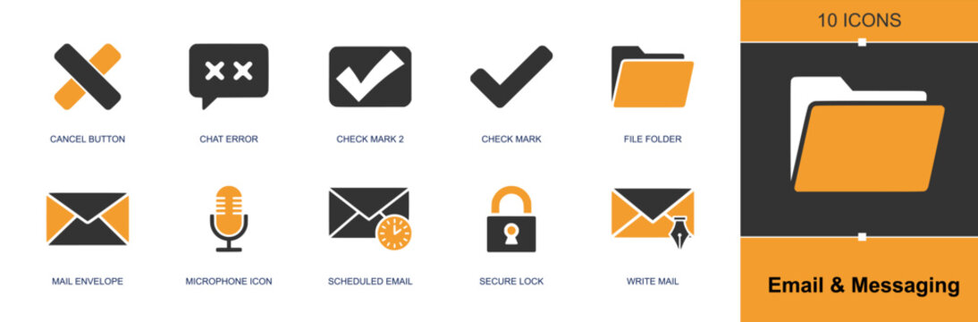 Email and messaging icon set. Containing cancel button, chat error, check mark, file folder, mail envelope, mic, scheduled email, secure lock, write mail and more. Solid fill vector icons.