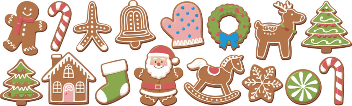 Assortment of Christmas Gingerbread Cookies on White Background