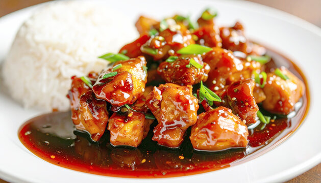 Szechuan chicken with dark sauce, rice on the side, elegant plating. AI