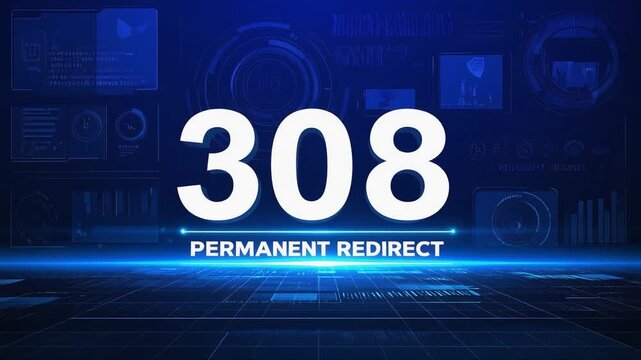 Futuristic blue server dashboard presenting 308 Permanent Redirect HTTP status code concept for persistent website redirection routing system