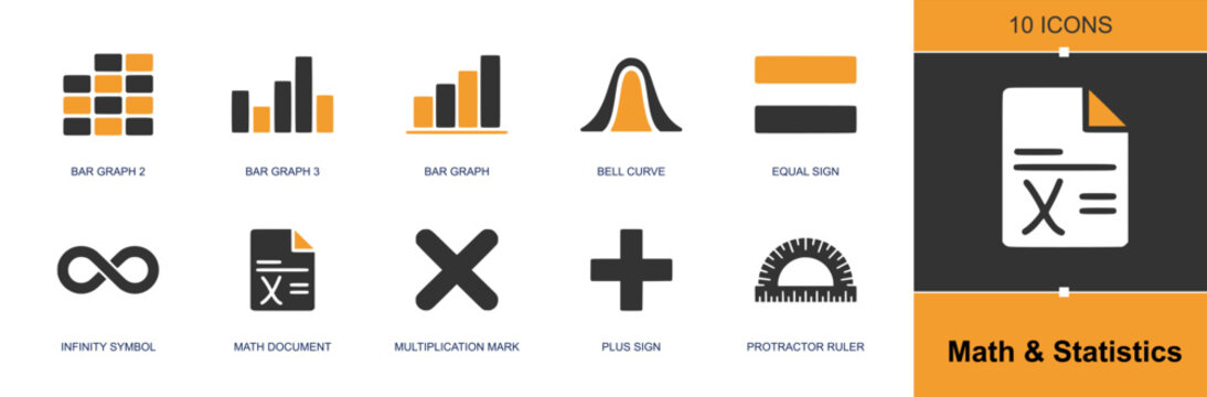 Math and statistics icon set. Containing bar graph, bell curve, equal sign, infinity symbol, math document, multiplication mark, plus sign, protractor and more. Solid fill vector icons.