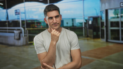 Fototapeta premium Man with hand on chin and crossed arm standing outside an airport terminal by glass doors and curbside dropoff; contemplative.
