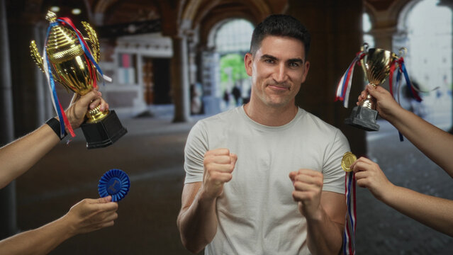 Man standing in building under archway with hands offering trophy and medal, clenched fists clearly visible; quiet pride.
