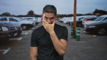 Fototapeta premium Young hispanic man with hand over mouth standing among parked cars in a street parking lot near bollards and light pole; surprise candid moment.