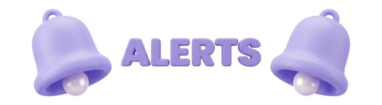 3D notification bell icons with alerts text in modern lavender clay style for UI design