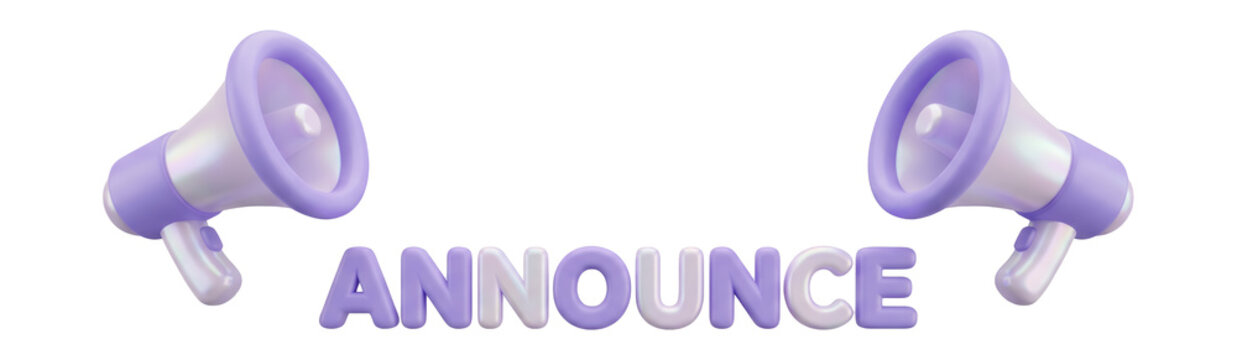3D stylized megaphone icons with announce text in soft lavender and white clay style on isolated background