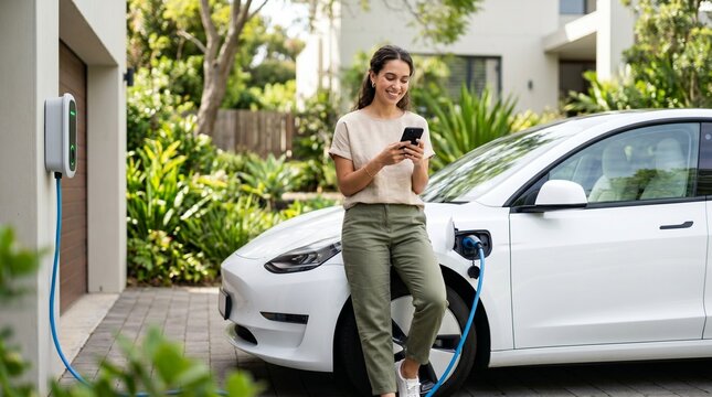 Smiling young woman using smartphone app while her electric car is charging at home driveway