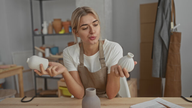 Young woman holds two ceramic vases in both hands, comparing shapes while seated at a pottery studio table; contemplation craft focus.