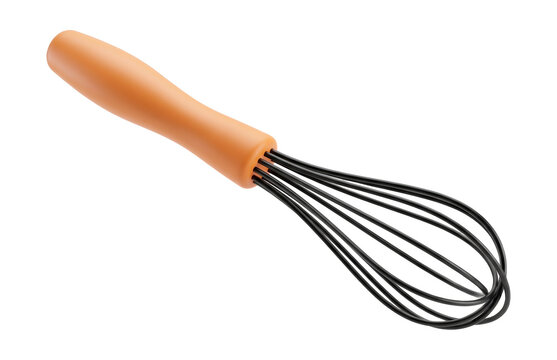 Modern 3D whisk kitchen utensil with matte orange handle and black wires isolated on white background