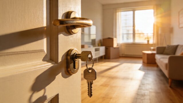 Entering a bright and welcoming modern apartment, with sunlight illuminating a clean interior and a sense of new beginnings.