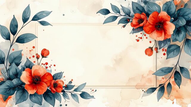 Decorative floral border with red blossoms and soft botanical leaves watercolor painting illustration
