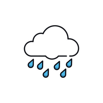 A simple illustration of a rain cloud with blue raindrops on a white background