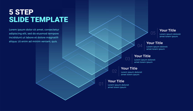 Five step abstract futuristic business slide template with blue background - vector modern design for business tech presentations