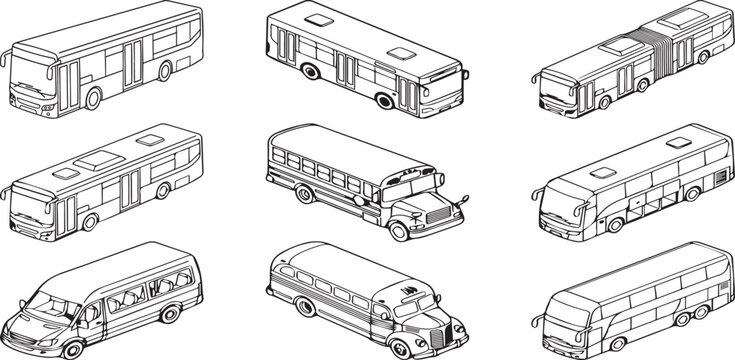 Isometric Bus Transport Public City Travel Coach Vehicle Set