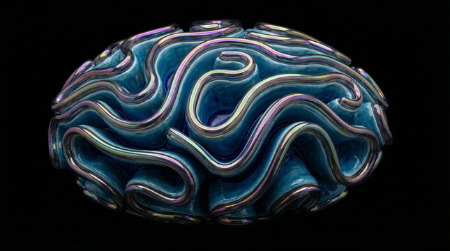 Three-dimensional blue and silver iridescent orb against a stark black background, exhibiting complex swirling wave patterns and subtle chromatic aberration effects, creating a sense of depth and f...