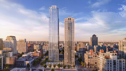 Obraz premium Modern City Skyline with Tall Residential Towers at Sunset Hour