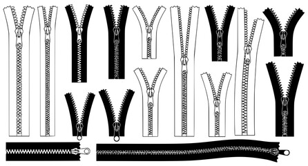 Extensive library of clothing zipper icons and fastener designs for fashion and textile projects featuring various pull styles and track lengths flat vector © Neoviz Studio