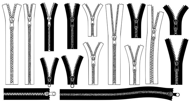 Extensive library of clothing zipper icons and fastener designs for fashion and textile projects featuring various pull styles and track lengths flat vector
