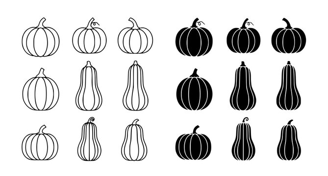 Set of pumpkin icons featuring various squash shapes and styles in both outline and solid black silhouette designs for autumn harvest and thanksgiving holiday graphics