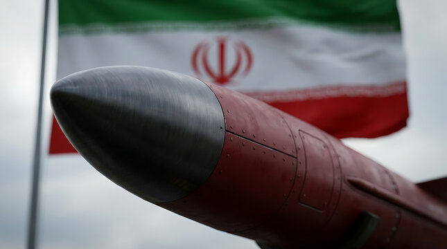 Military ballistic missile with Iranian flag background, long range rocket weapon for defense, nuclear warhead technology and geopolitical tension isolated on White Background