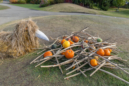 Straw bird creature and autumn harvest pumpkins in Prague